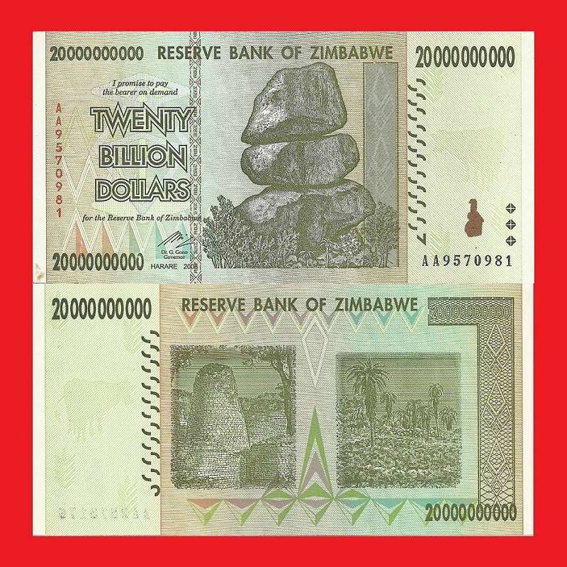 ZIMBABWE 20 Billion Dollar Banknote Serial AA9570981