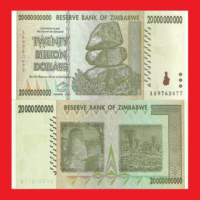 ZIMBABWE 20 Billion Dollar Banknote Serial AA9763477 AU