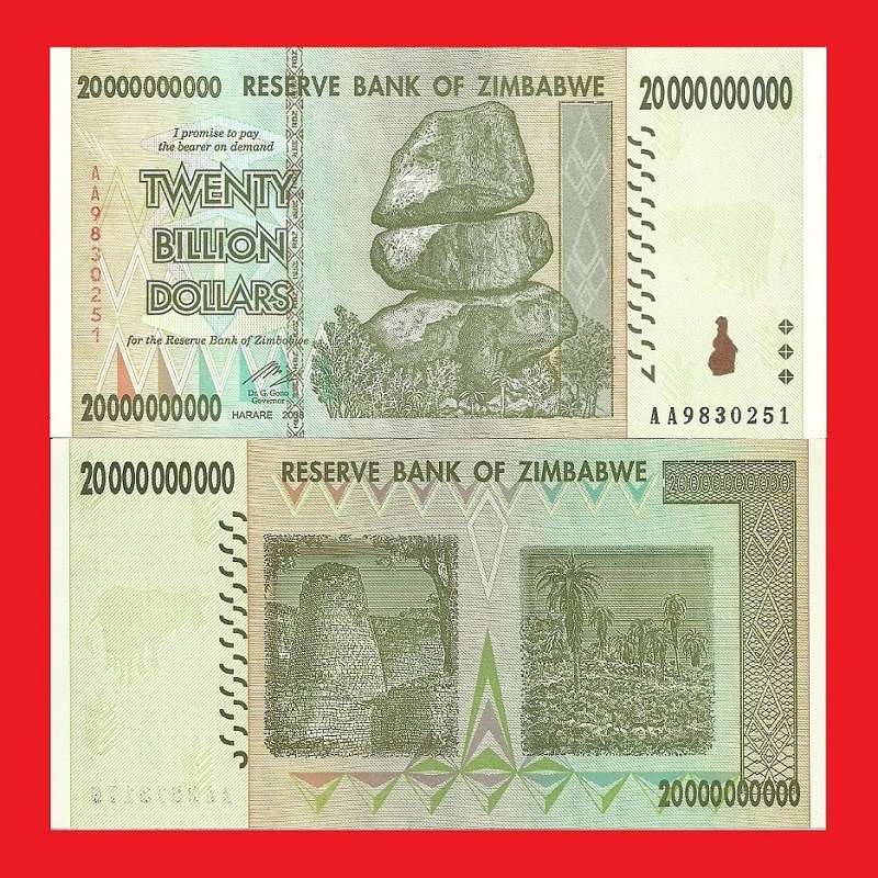 ZIMBABWE 20 Billion Dollar Banknote Serial AA9830251 AU