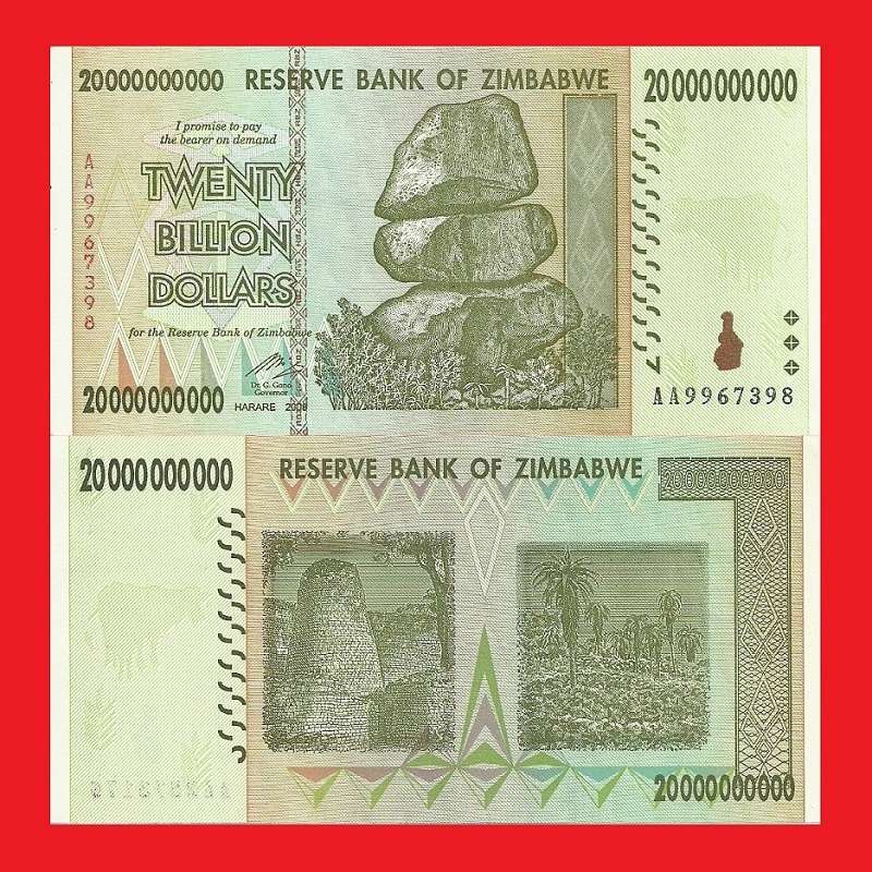 ZIMBABWE 20 Billion Dollar Banknote Serial AA9967398 UNC