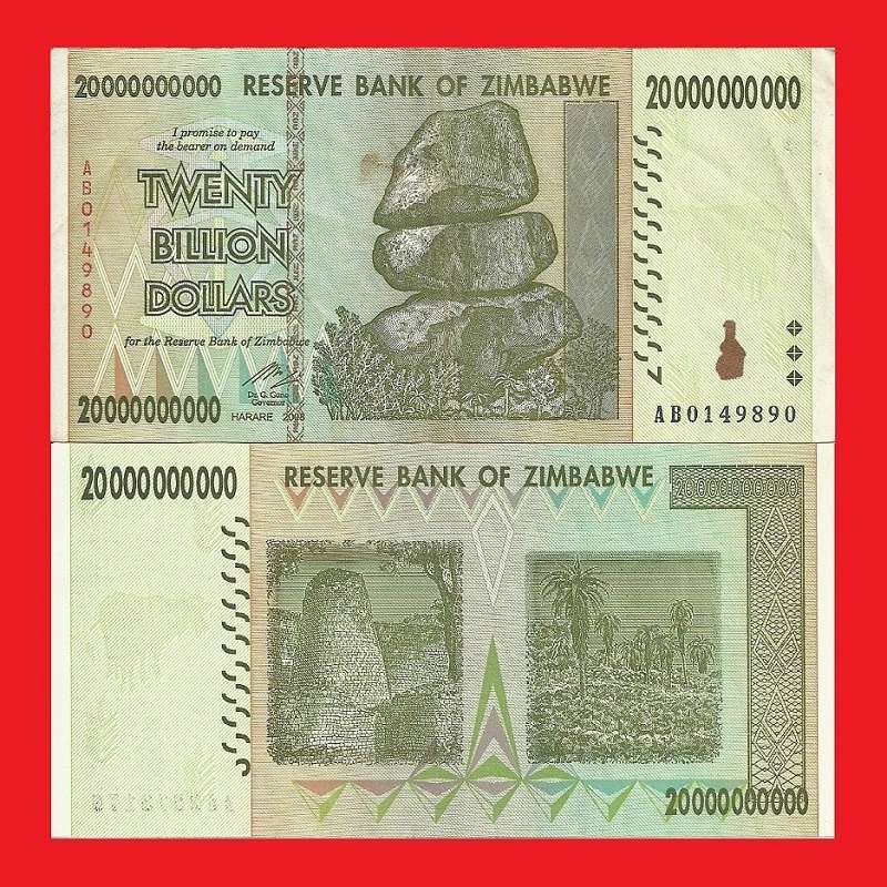 ZIMBABWE 20 Billion Dollar Banknote Serial AB0149890