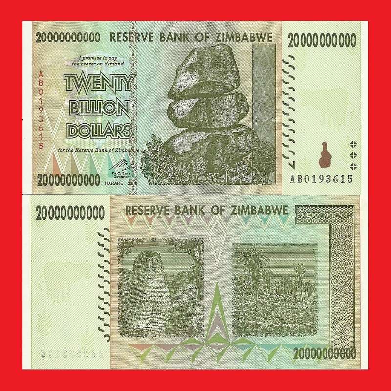 ZIMBABWE 20 Billion Dollar Banknote Serial AB0193615 UNC