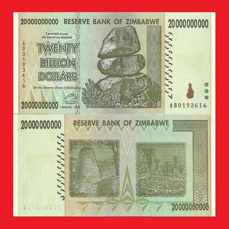 Zimbabwe 20 Billion Dollar Banknote Serial AB0193616 UNC