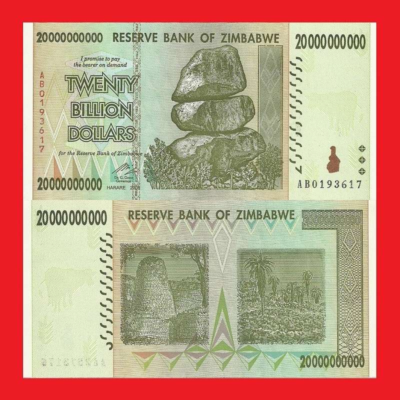 ZIMBABWE 20 Billion Dollar Banknote Serial AB0193617 UNC