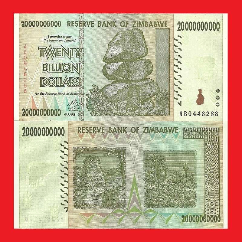 ZIMBABWE 20 Billion Dollar Banknote Serial AB0448288 XF