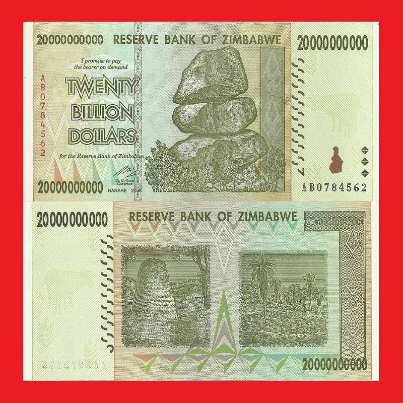 ZIMBABWE 20 Billion Dollar Banknote Serial AB0784562 AU