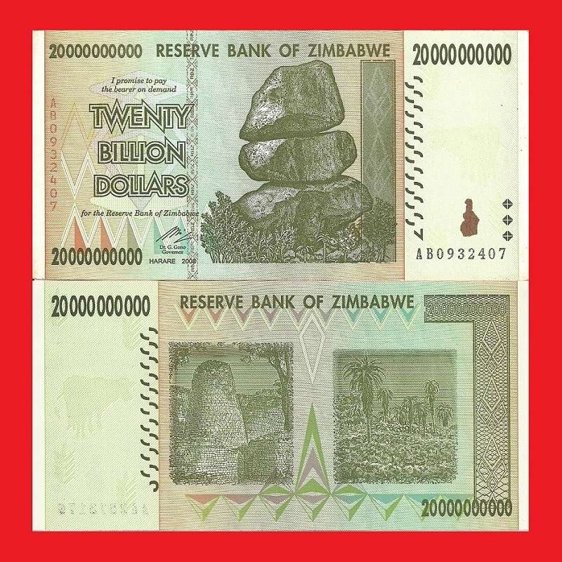 ZIMBABWE 20 Billion Dollar Banknote Serial AB0932407 AU