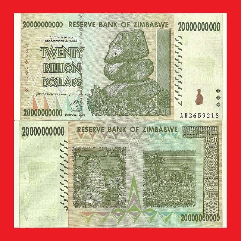 ZIMBABWE 20 Billion Dollar Banknote Serial AB2659218 UNC