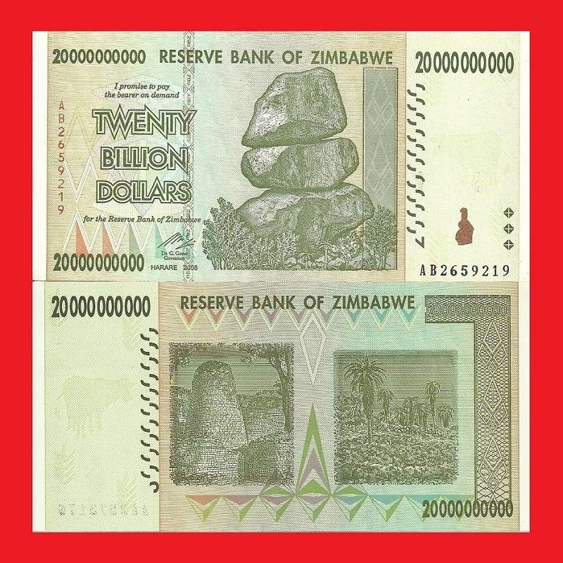 ZIMBABWE 20 Billion Dollar Banknote Serial AB2659219 UNC