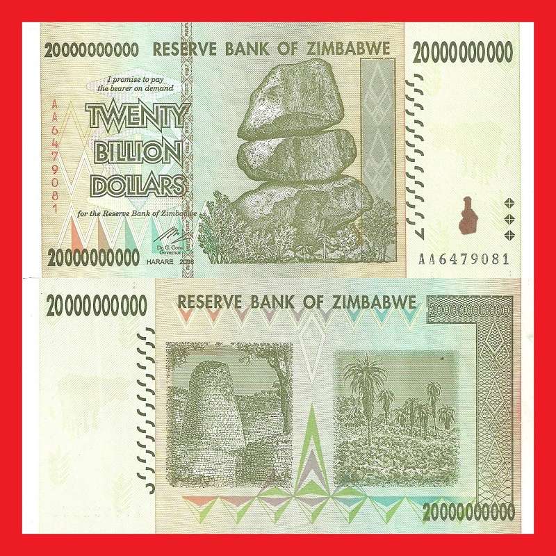 ZIMBABWE 20 Billion Dollar Banknote Serial AA6479081 UNC