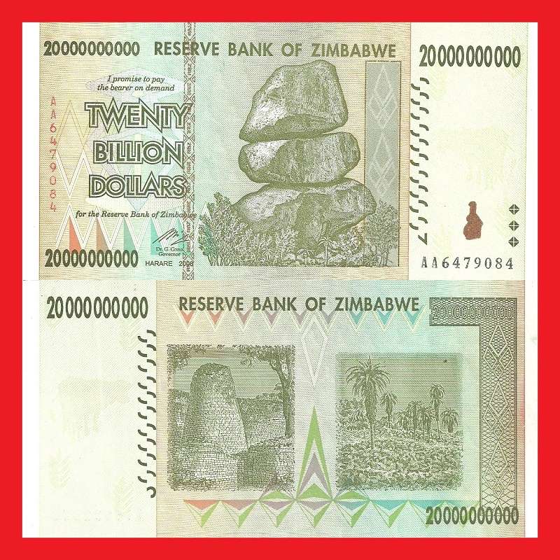 ZIMBABWE 20 Billion Dollar Banknote Serial AA6479084 UNC