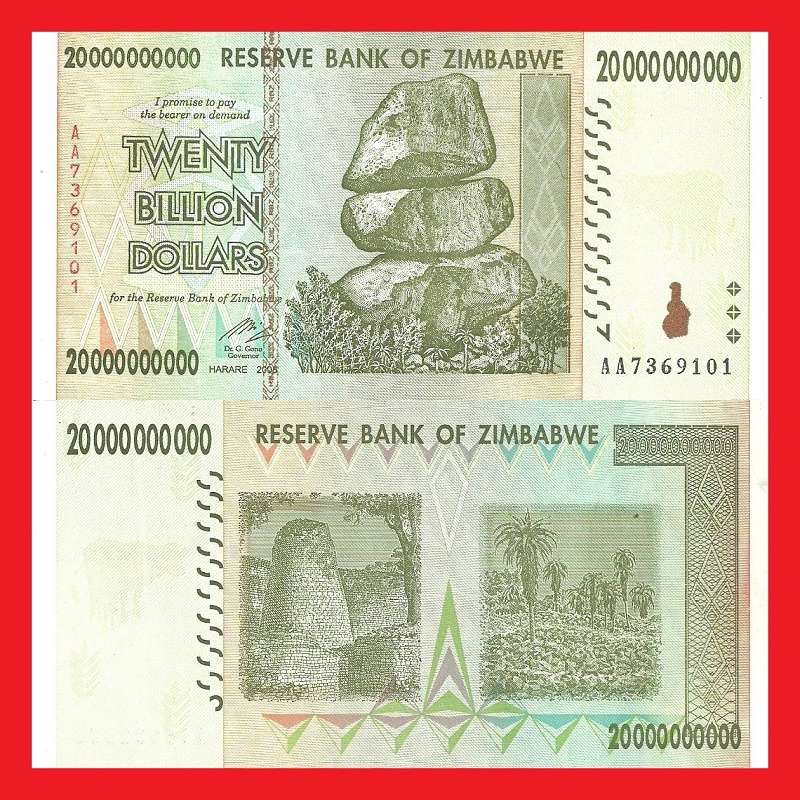 ZIMBABWE 20 Billion Dollar Banknote Serial AA7369101 UNC