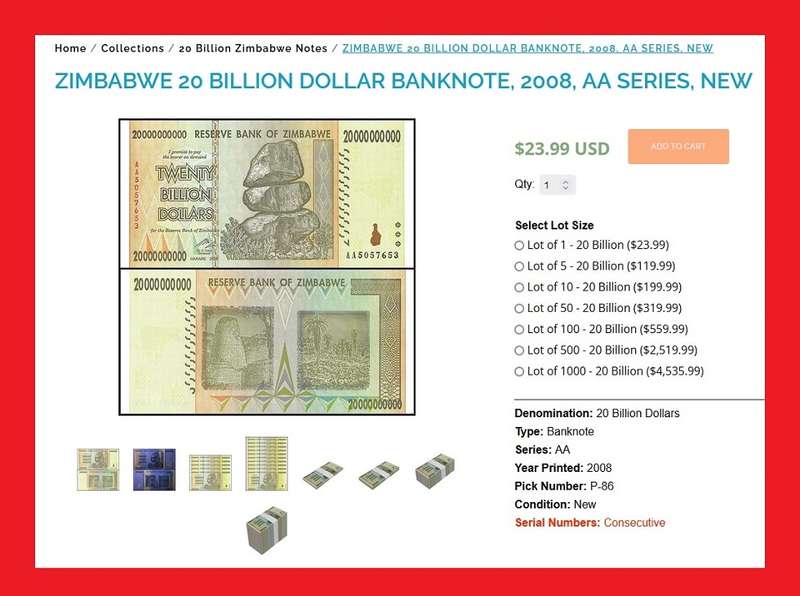 ZIMBABWE 20 Billion Dollar Banknote Serial AA6479081 UNC