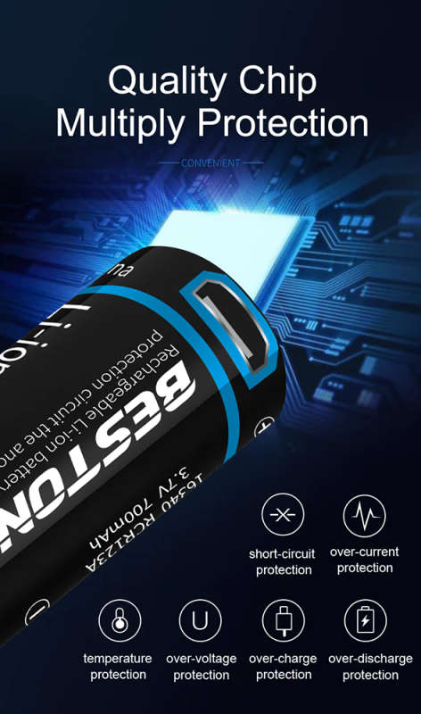 Beston CR123A 3.7v 700mAh 2600mWh Li Ion Micro USB Rechargeable Batteries x 2