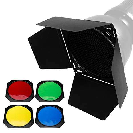 Godox BD-04 Barndoor with Honeycomb Grid and 4 Colour Gel Filters for Bowens Reflector