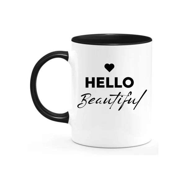 Hello Beautiful Coffee Mug - Sleek Black and White Two Tone
