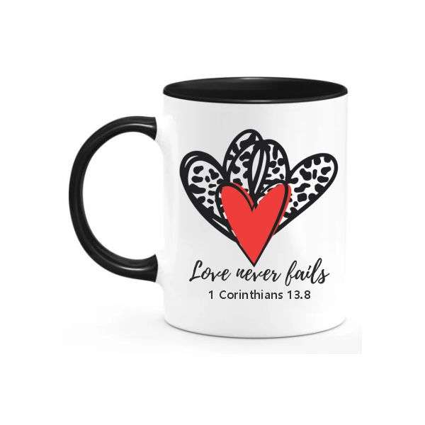 Love Never Fails Coffee Mug - Two Tone Black and White