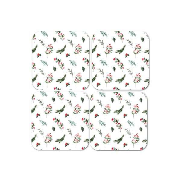 Graceful Accessories - Christmas Coasters with Greenery Design in White - Red and Green