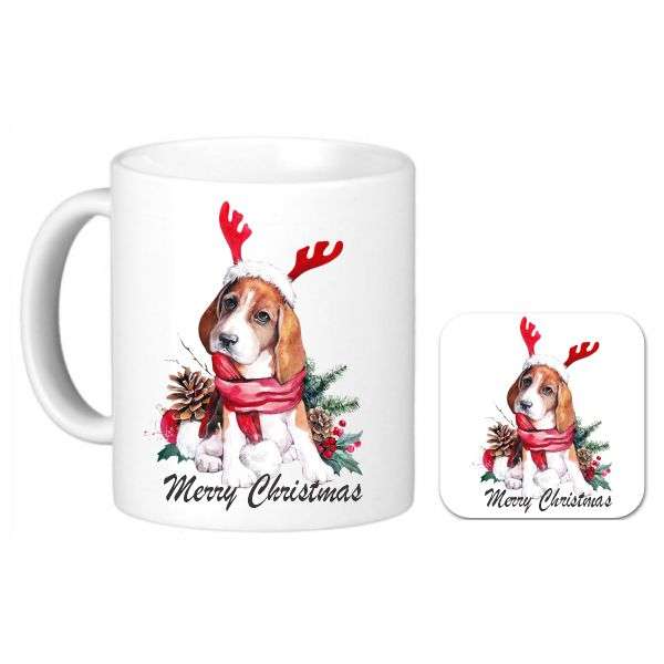Christmas Mug and Coaster Set Featuring Beagle Puppy