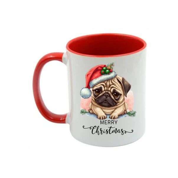Adorable Pug "Merry Christmas" Coffee Mug - Two Tone Red and White