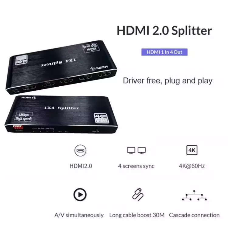 1x4 HDMI v2.0b Splitter with HDR | 4k Ultra HD 60hz | FullHD 165Hz & EDID Support