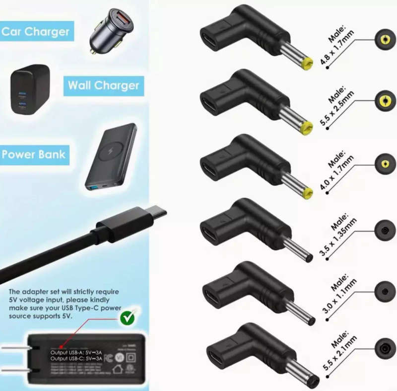 1 Meter 11-in-1 USB to DC Adapter Set and USB to DC Cable