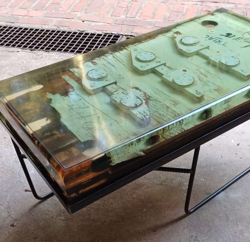 Resin Coffee Table of salvaged wooden casting pattern mould