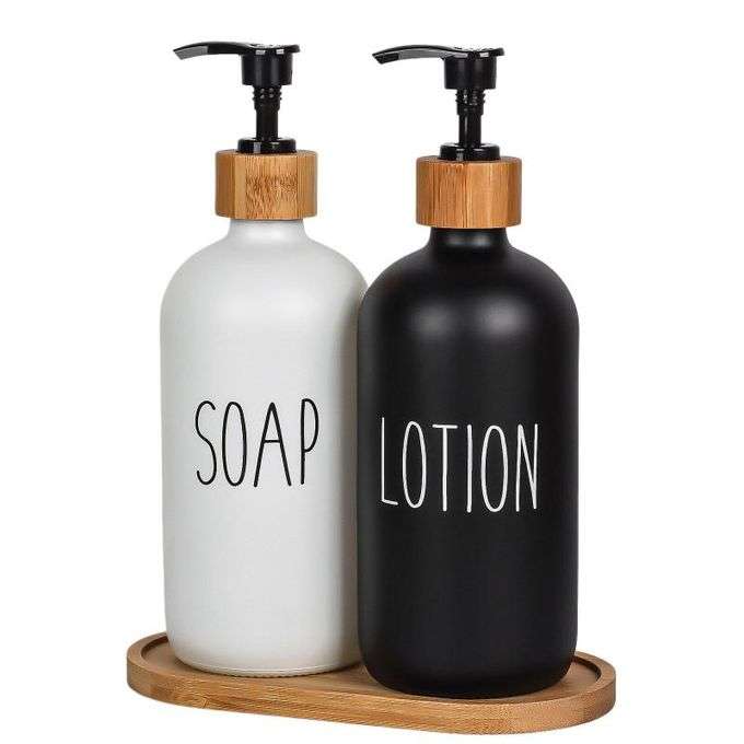 Kithi Group 2 Pack Glass Soap & Lotion Dispenser Bottle with Bamboo Tray - 500ml