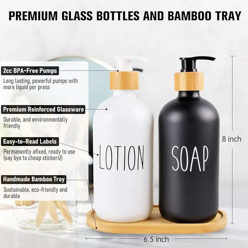 Kithi Group 2 Pack Glass Soap & Lotion Dispenser Bottle with Bamboo Tray - 500ml