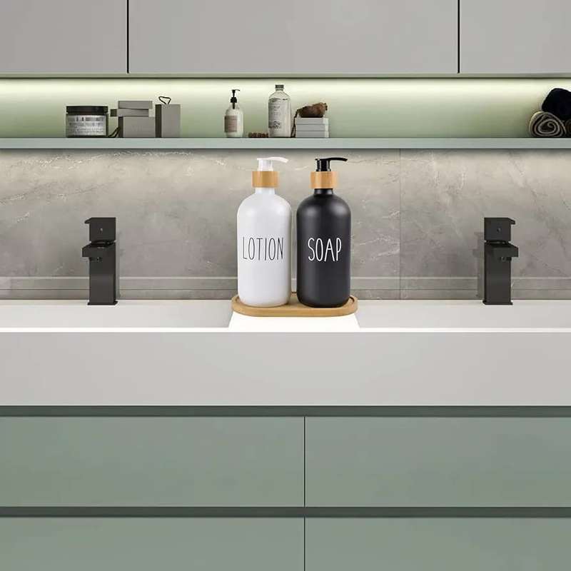 Kithi Group 2 Pack Glass Soap & Lotion Dispenser Bottle with Bamboo Tray - 500ml