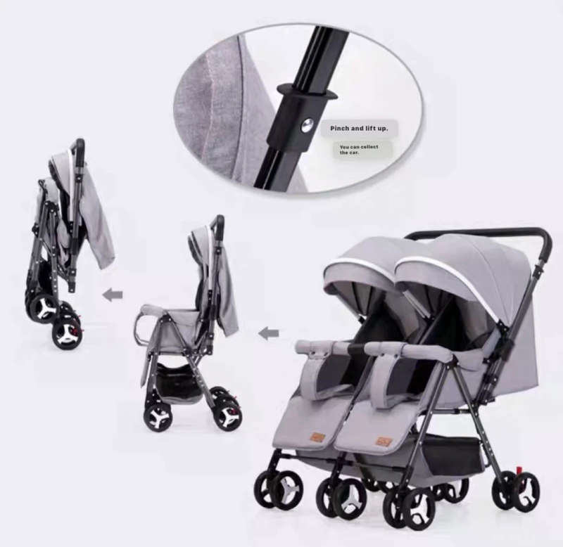 Grey 2-Way Folding Compact Double Stroller + Rain Cover