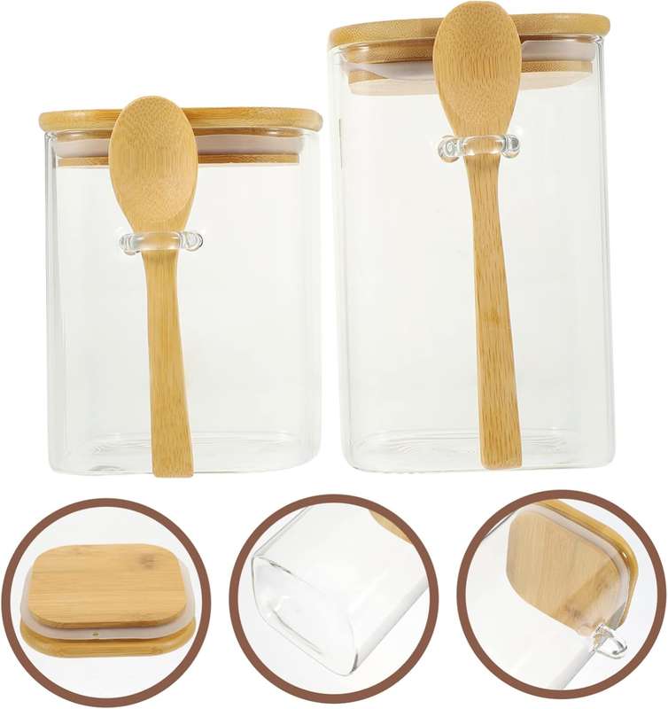 Set of 2 Airtight Glass Jars with Wooden Lids & Spoons