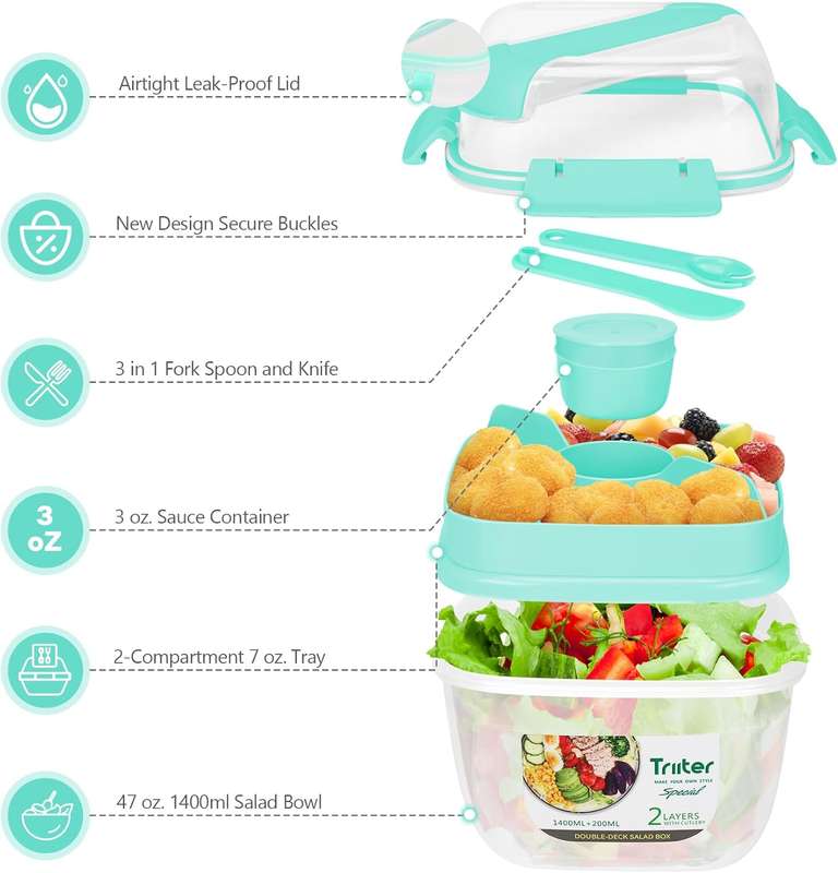 2-Layer Leak-Proof Salad Lunch Box with Sauce Container