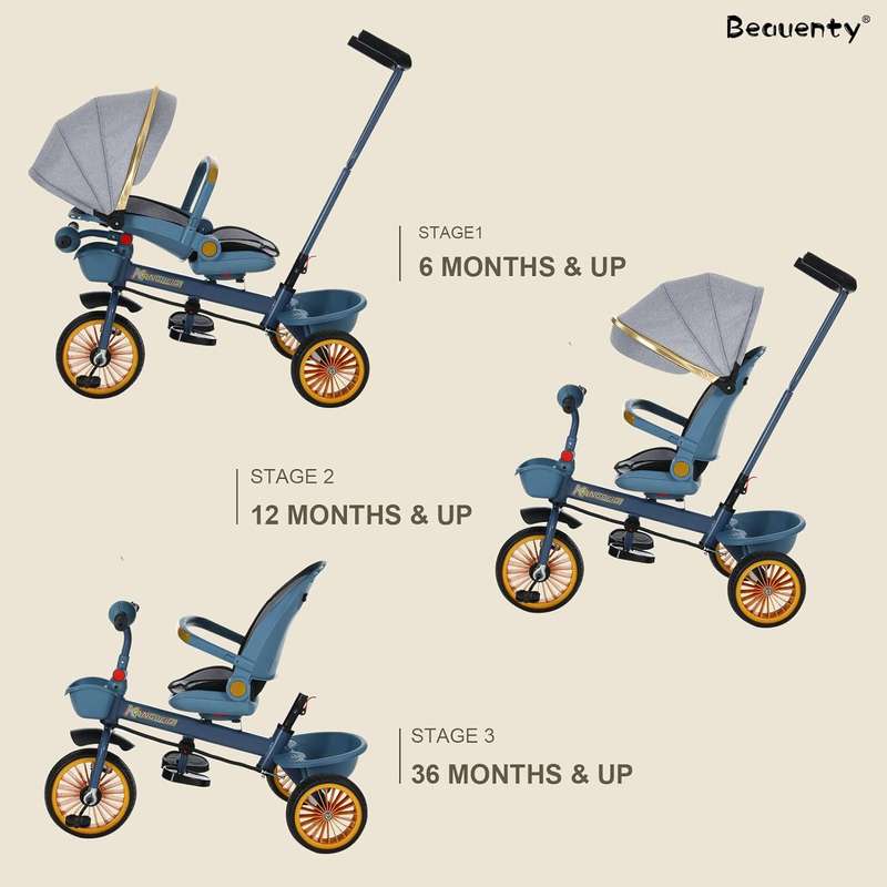 7-in-1 Baby Tricycle with Parent Handle, Safety Harness & Brakes