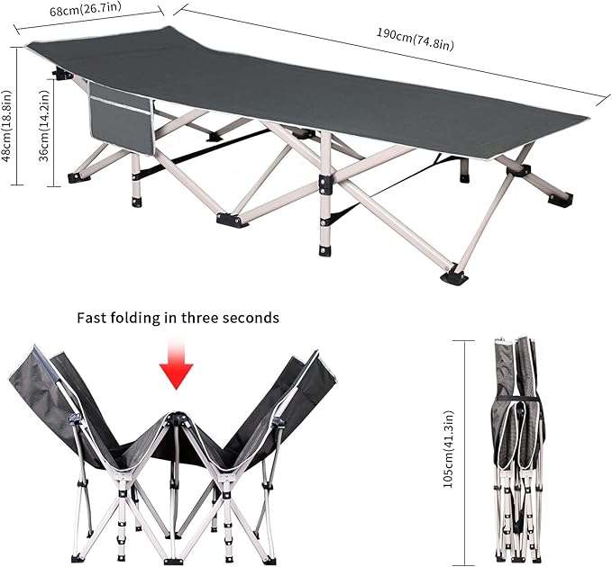 Heavy Duty Folding Camping Cot- Light Grey