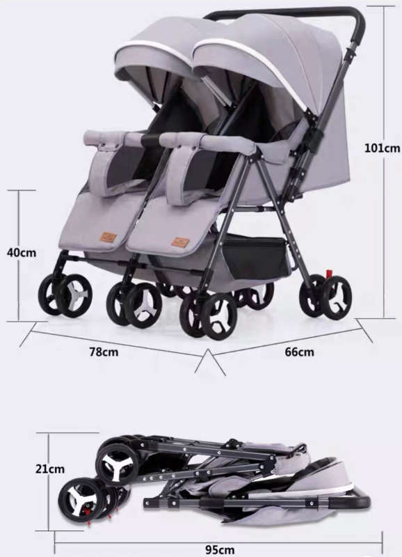 Grey 2-Way Folding Compact Double Stroller + Rain Cover