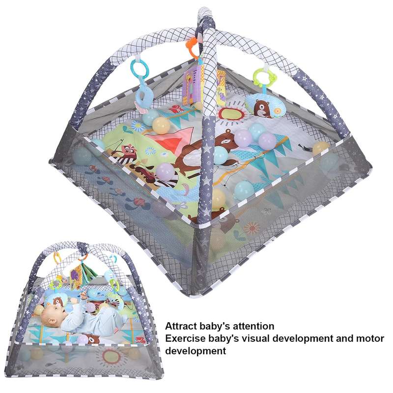 Infant Gym Playmat for Motor Development with Hanging Toys & Ball Pit (Grey)
