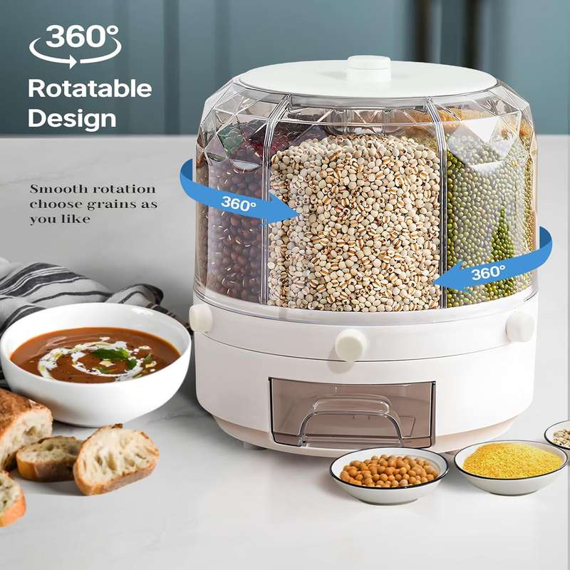 360° Rotating 6-Grid Grain Dispenser  Dry Food Storage Container