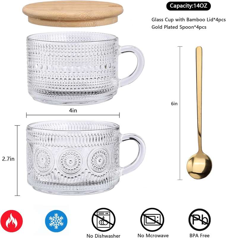 4-Pack Vintage Glass Coffee Mugs with Bamboo Lids & Spoons