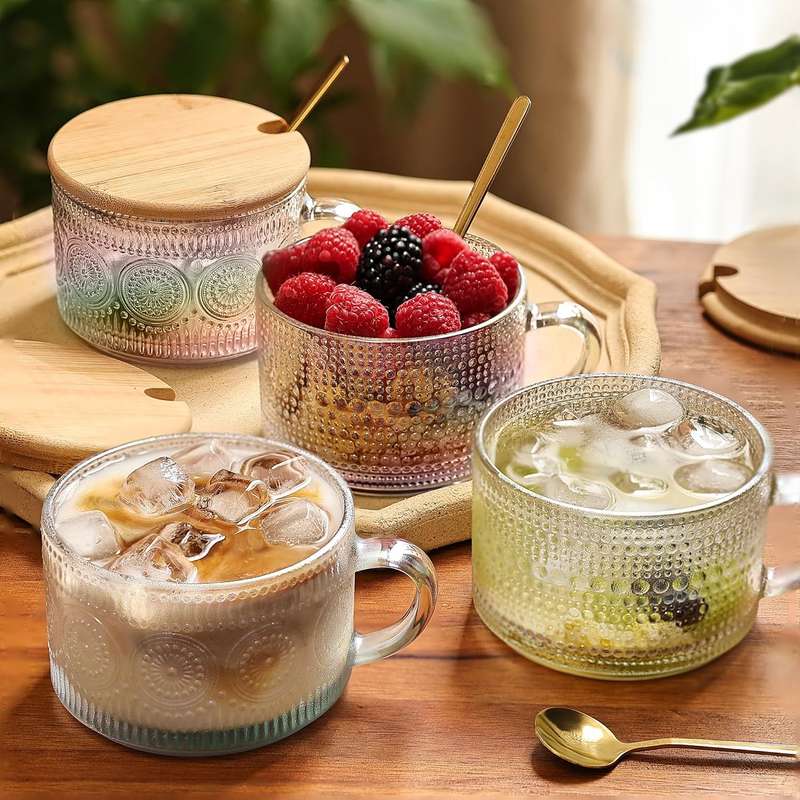 4-Pack Vintage Glass Coffee Mugs with Bamboo Lids & Spoons