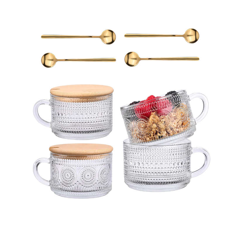 4-Pack Vintage Glass Coffee Mugs with Bamboo Lids & Spoons