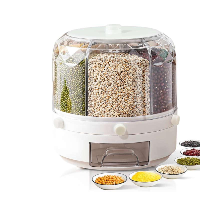 360° Rotating 6-Grid Grain Dispenser  Dry Food Storage Container