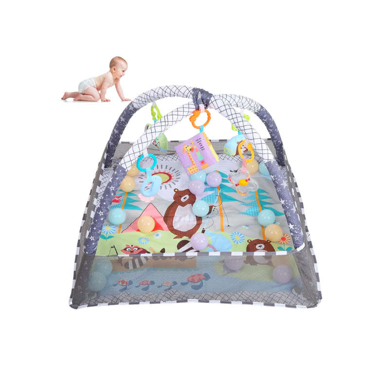 Infant Gym Playmat for Motor Development with Hanging Toys & Ball Pit (Grey)