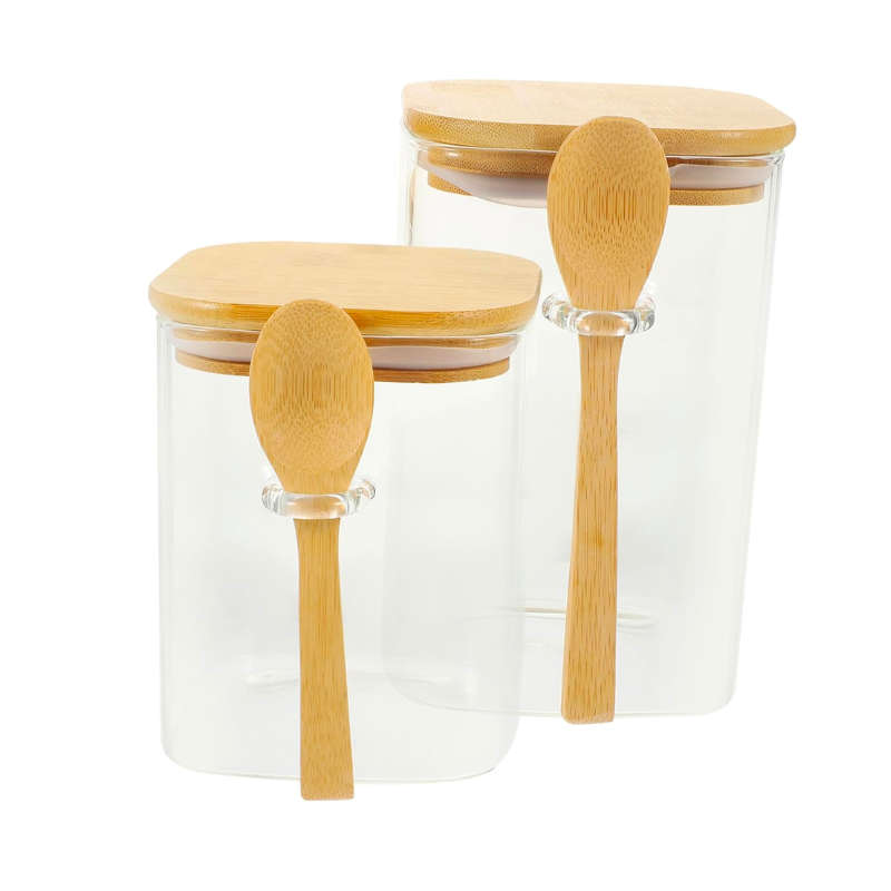 Set of 2 Airtight Glass Jars with Wooden Lids & Spoons