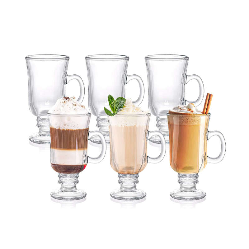 Set of 6 Irish Coffee Mugs, Glass Footed