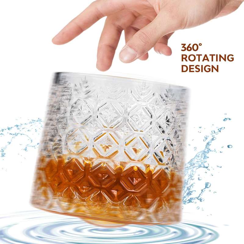 Spinner Whiskey Glasses with Wood Coasters - Set of 4