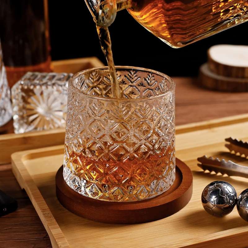 Spinner Whiskey Glasses with Wood Coasters - Set of 4