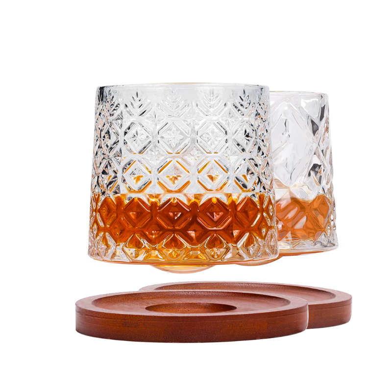 Spinner Whiskey Glasses with Wood Coasters - Set of 4