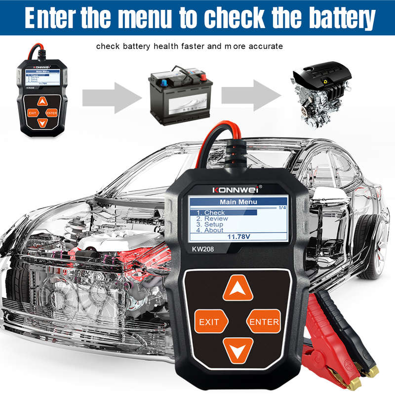 konnwei KW208 battery tester 100-2000CCA Cranking& Voltage& Current multi languages battery tool