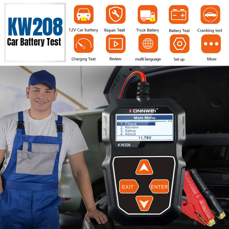 konnwei KW208 battery tester 100-2000CCA Cranking& Voltage& Current multi languages battery tool